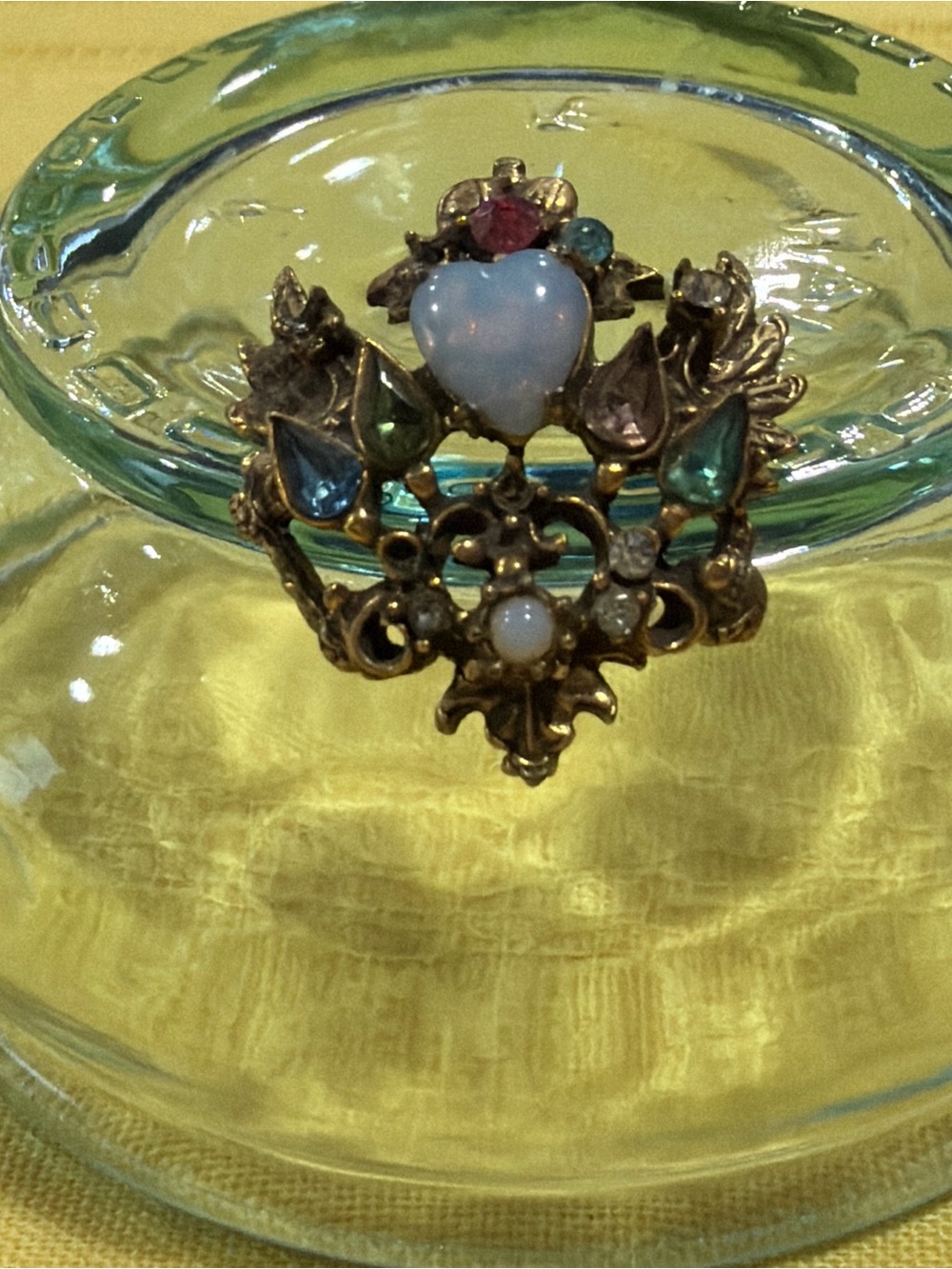 Retro Heraldic Crown Shield Brooch Opalescent Heart Foil Back As-Is